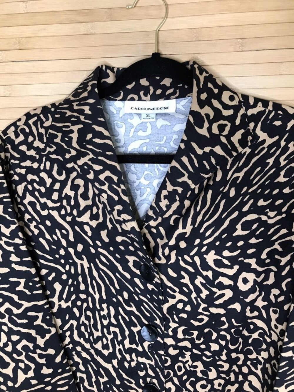 Caroline Rose sz XL Beige Black Animal Print button Front Long Jacket Oversized - Picture 4 of 6